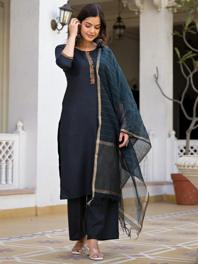 Vishudh Women Navy Blue Solid Kurta With Trouser And Dupatta - Navy Blue - Image 9