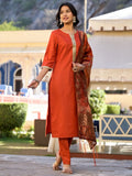 Vishudh Women Terracotta Solid Kurta With Trouser And Dupatta - Terracotta - Image 1