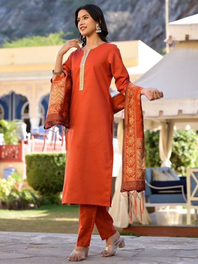 Vishudh Women Terracotta Solid Kurta With Trouser And Dupatta - Terracotta - Image 2