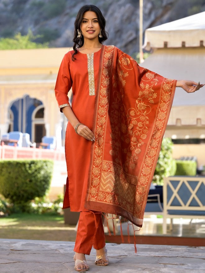 Vishudh Women Terracotta Solid Kurta With Trouser And Dupatta - Terracotta - Image 4