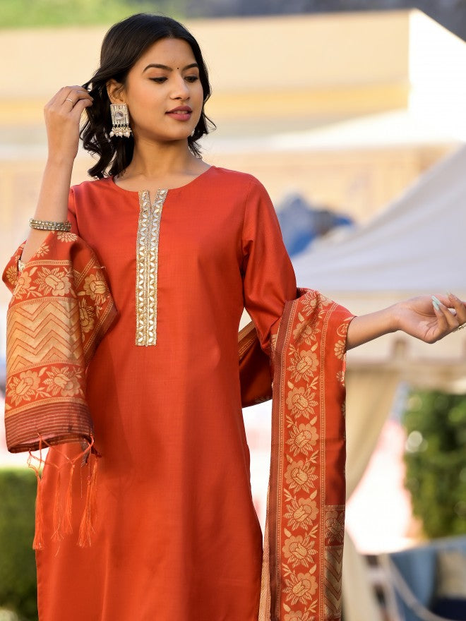 Vishudh Women Terracotta Solid Kurta With Trouser And Dupatta - Terracotta - Image 5