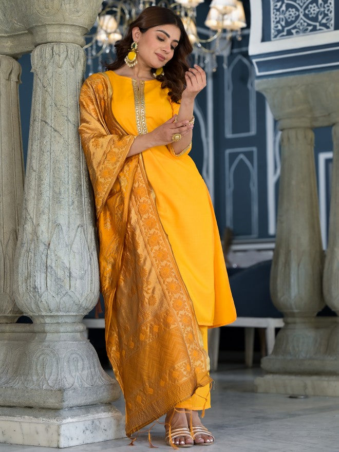 Vishudh Women Yellow Solid Kurta With Trouser And Dupatta - Yellow - Image 1