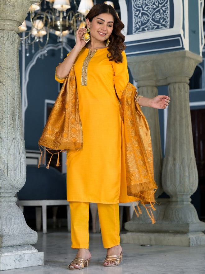 Vishudh Women Yellow Solid Kurta With Trouser And Dupatta - Yellow - Image 2