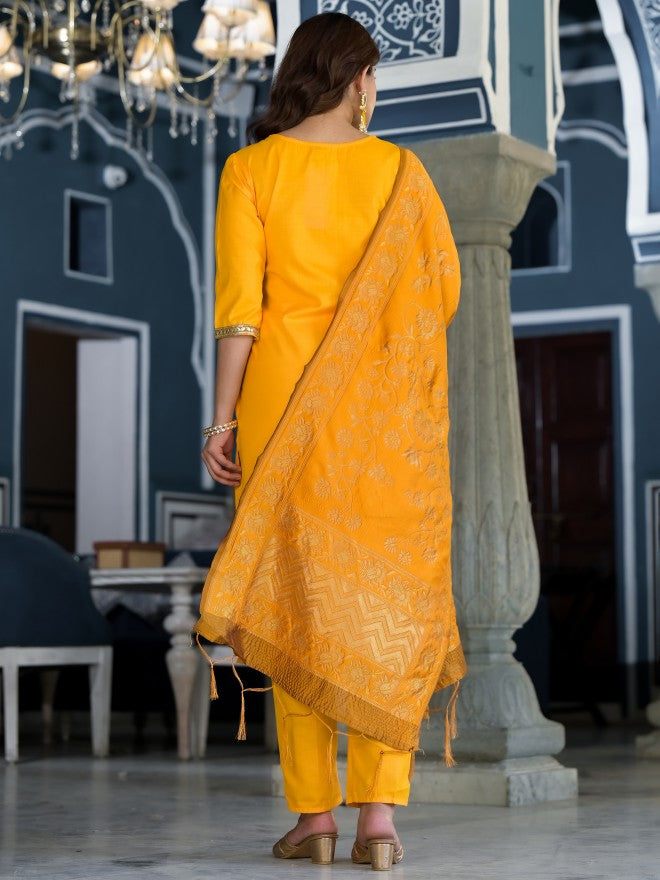 Vishudh Women Yellow Solid Kurta With Trouser And Dupatta - Yellow - Image 3