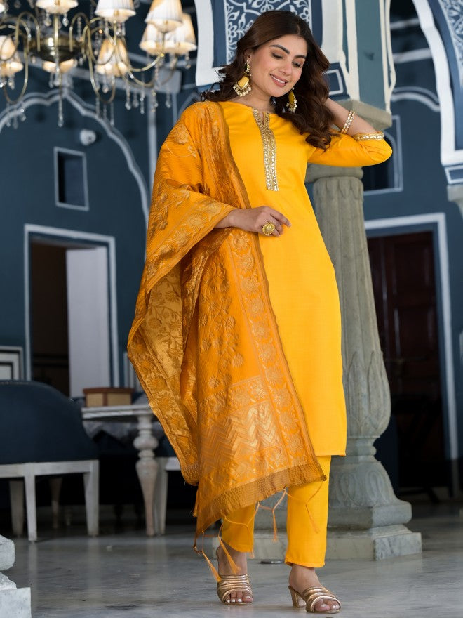 Vishudh Women Yellow Solid Kurta With Trouser And Dupatta - Yellow - Image 4