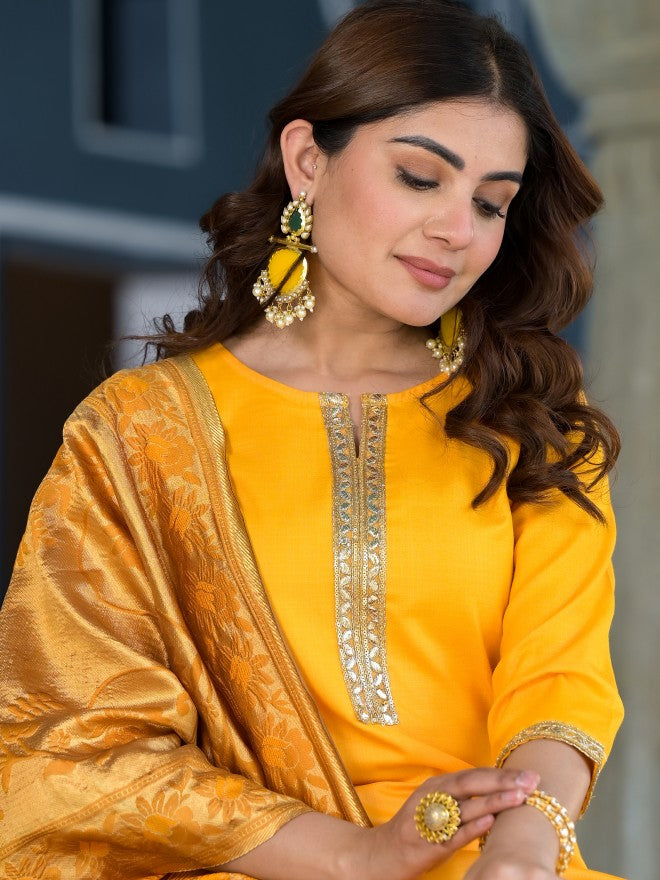 Vishudh Women Yellow Solid Kurta With Trouser And Dupatta - Yellow - Image 5