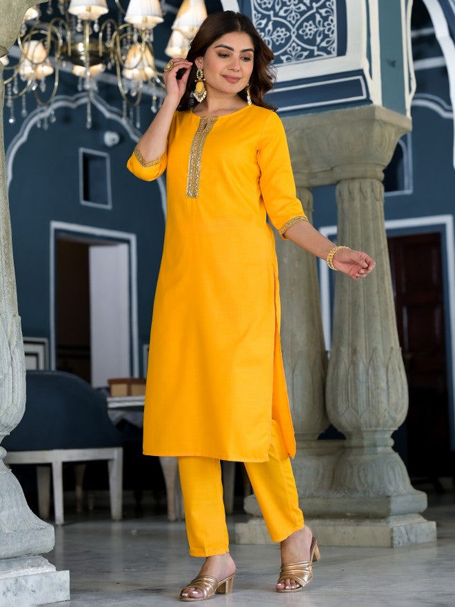 Vishudh Women Yellow Solid Kurta With Trouser And Dupatta - Yellow - Image 7