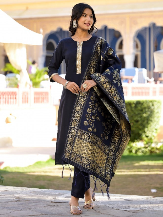 Vishudh Women Navy Blue Solid Kurta With Trouser And Dupatta - Navy Blue - Image 1