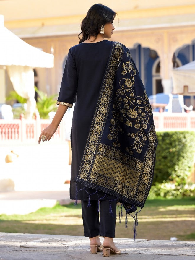 Vishudh Women Navy Blue Solid Kurta With Trouser And Dupatta - Navy Blue - Image 3