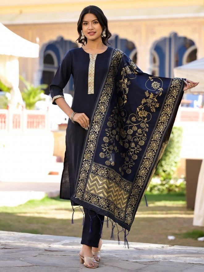Vishudh Women Navy Blue Solid Kurta With Trouser And Dupatta - Navy Blue - Image 4