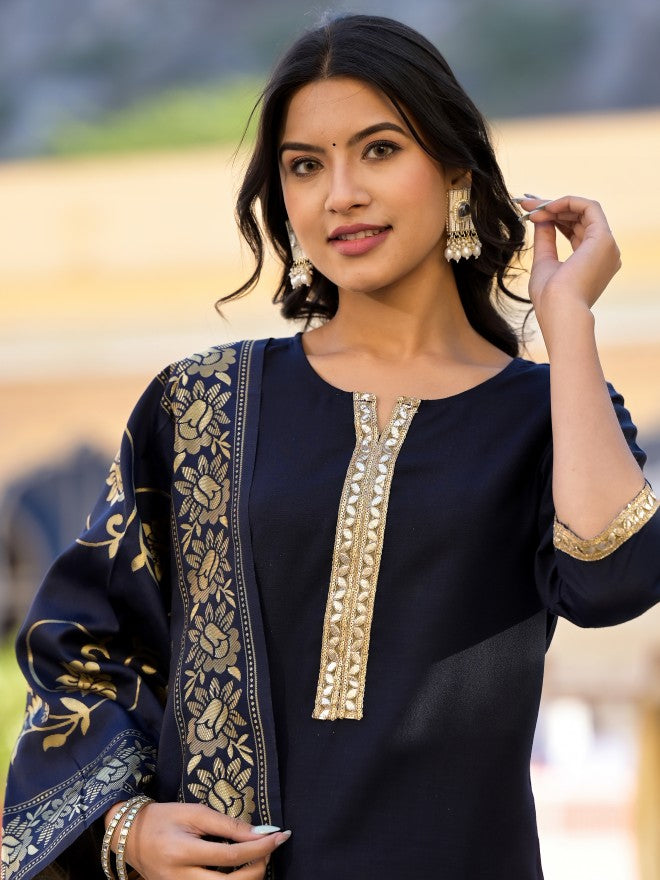 Vishudh Women Navy Blue Solid Kurta With Trouser And Dupatta - Navy Blue - Image 5