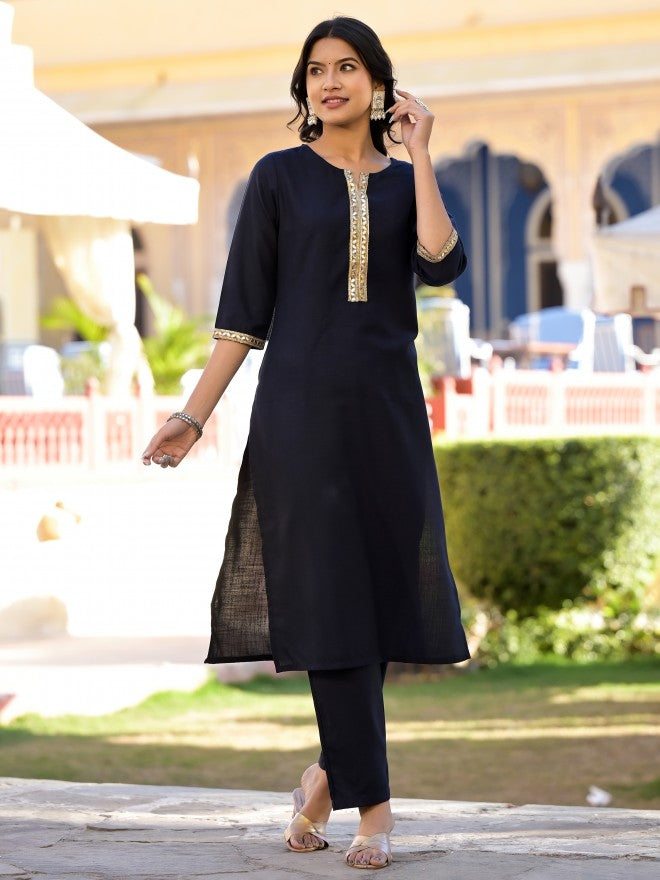 Vishudh Women Navy Blue Solid Kurta With Trouser And Dupatta - Navy Blue - Image 6