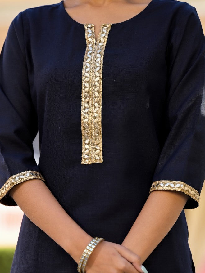 Vishudh Women Navy Blue Solid Kurta With Trouser And Dupatta - Navy Blue - Image 8