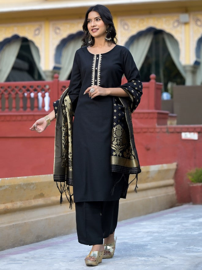 Vishudh Women Black Solid Kurta With Palazzo And Dupatta - Black - Image 2