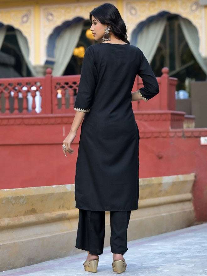 Vishudh Women Black Solid Kurta With Palazzo And Dupatta - Black - Image 3