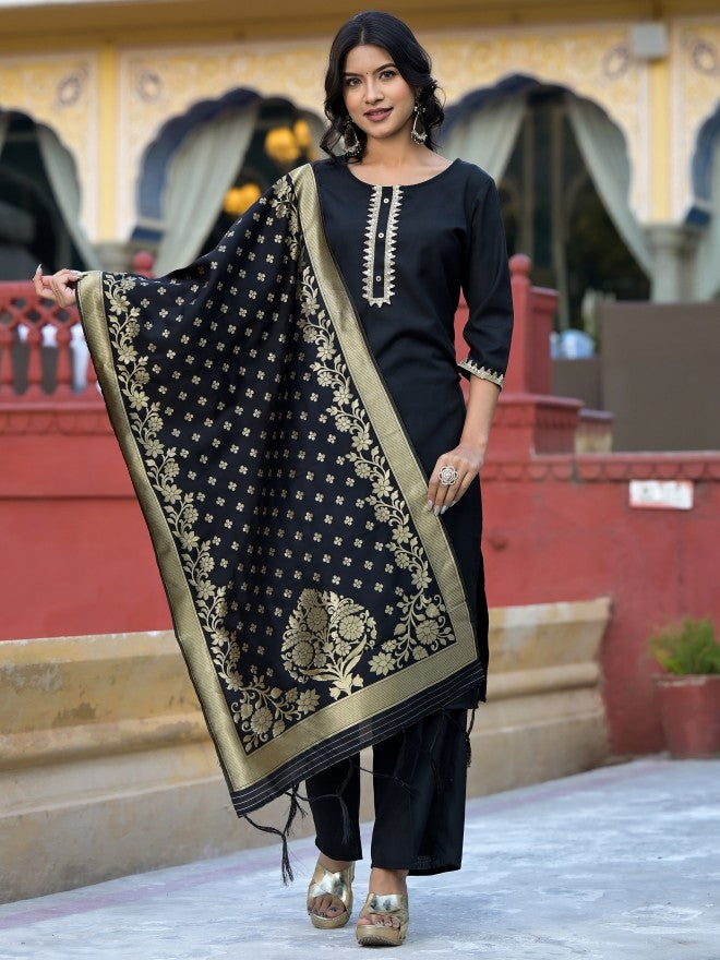 Vishudh Women Black Solid Kurta With Palazzo And Dupatta - Black - Image 4