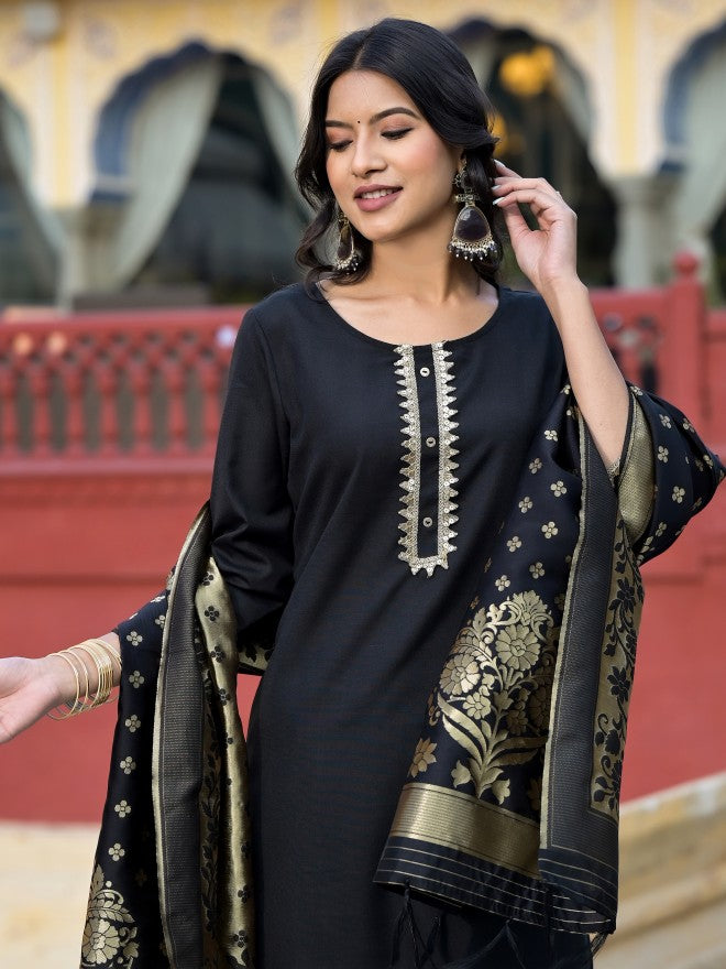 Vishudh Women Black Solid Kurta With Palazzo And Dupatta - Black - Image 5