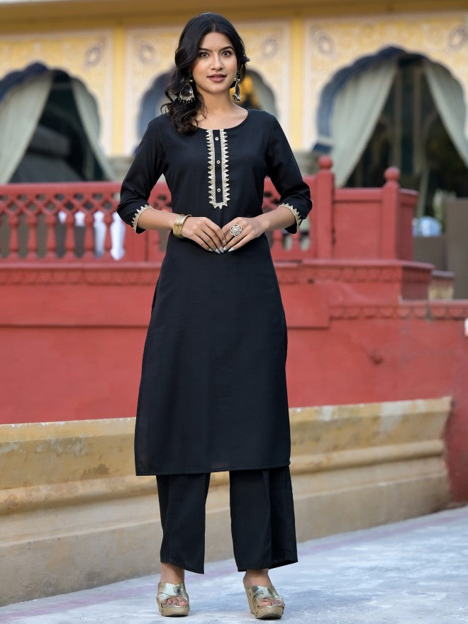 Vishudh Women Black Solid Kurta With Palazzo And Dupatta - Black - Image 7
