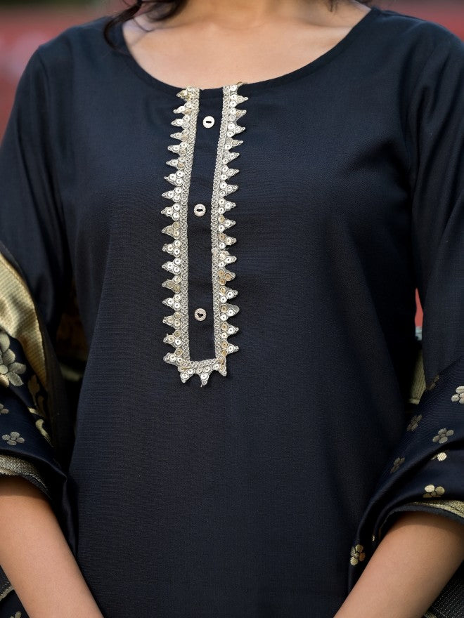 Vishudh Women Black Solid Kurta With Palazzo And Dupatta - Black - Image 8