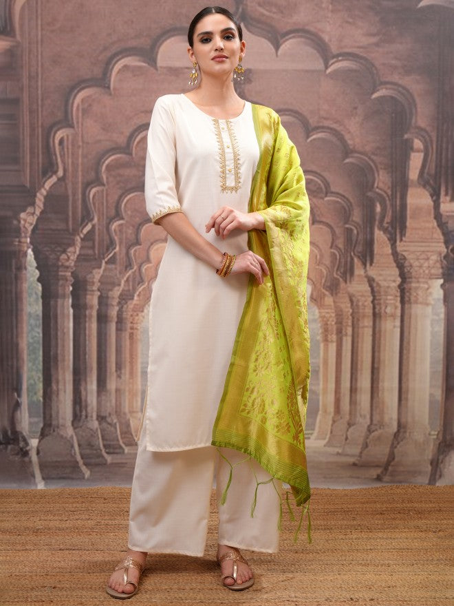 Vishudh Women Cream Embroidered Kurta With Palazzo And Dupatta - Cream - Image 1