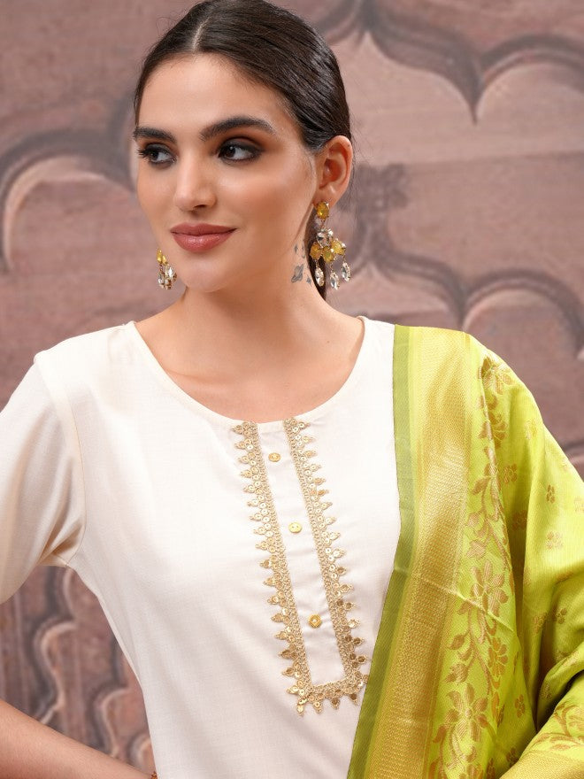 Vishudh Women Cream Embroidered Kurta With Palazzo And Dupatta - Cream - Image 2