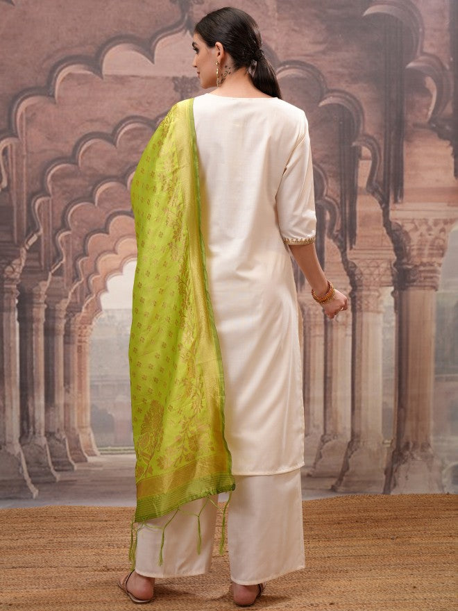 Vishudh Women Cream Embroidered Kurta With Palazzo And Dupatta - Cream - Image 3