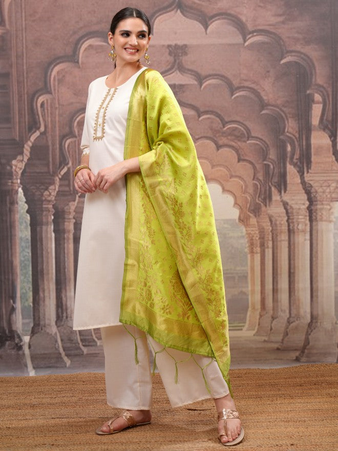 Vishudh Women Cream Embroidered Kurta With Palazzo And Dupatta - Cream - Image 4