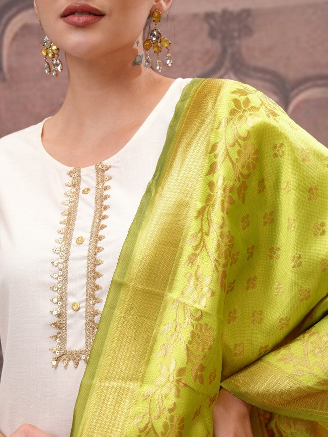 Vishudh Women Cream Embroidered Kurta With Palazzo And Dupatta - Cream - Image 5