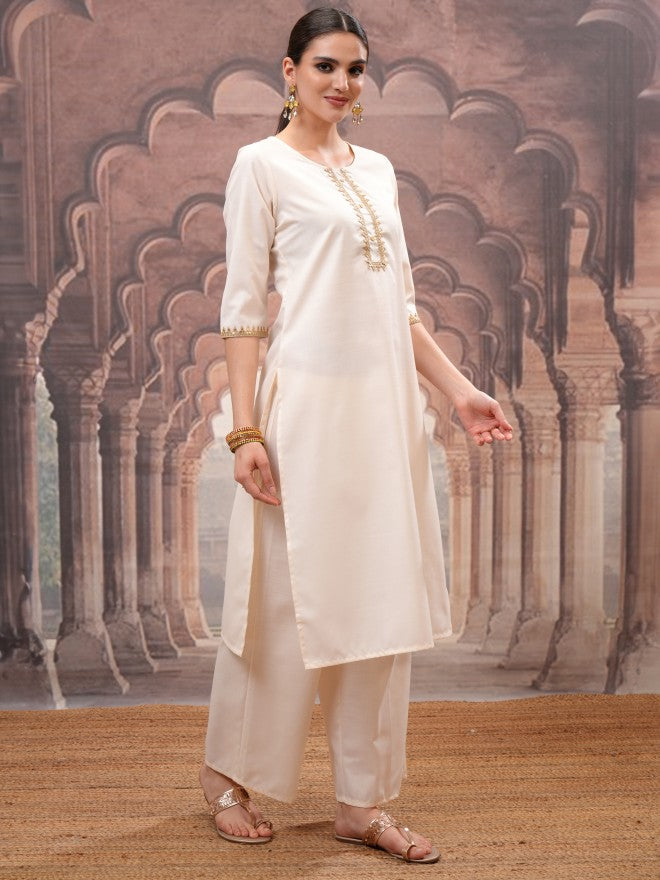 Vishudh Women Cream Embroidered Kurta With Palazzo And Dupatta - Cream - Image 6