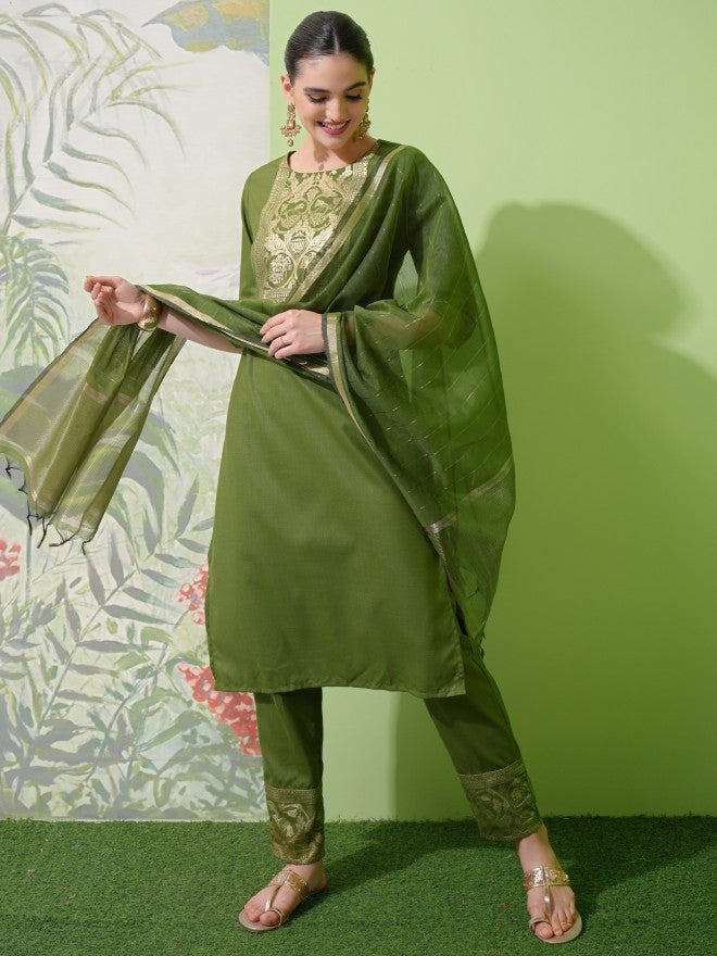 Vishudh Women Green Printed Kurta With Trouser And Dupatta - Green - Image 1
