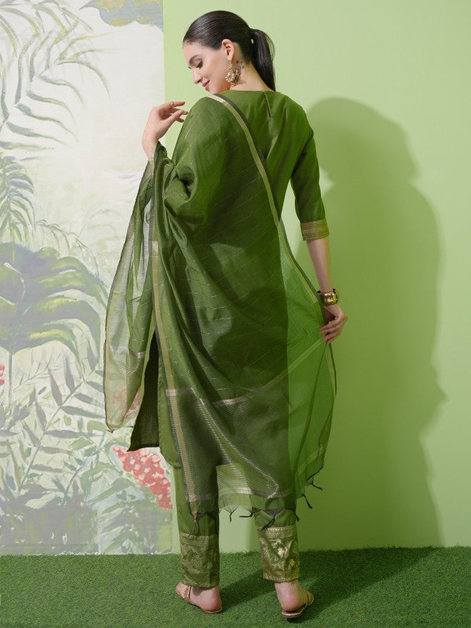 Vishudh Women Green Printed Kurta With Trouser And Dupatta - Green - Image 3
