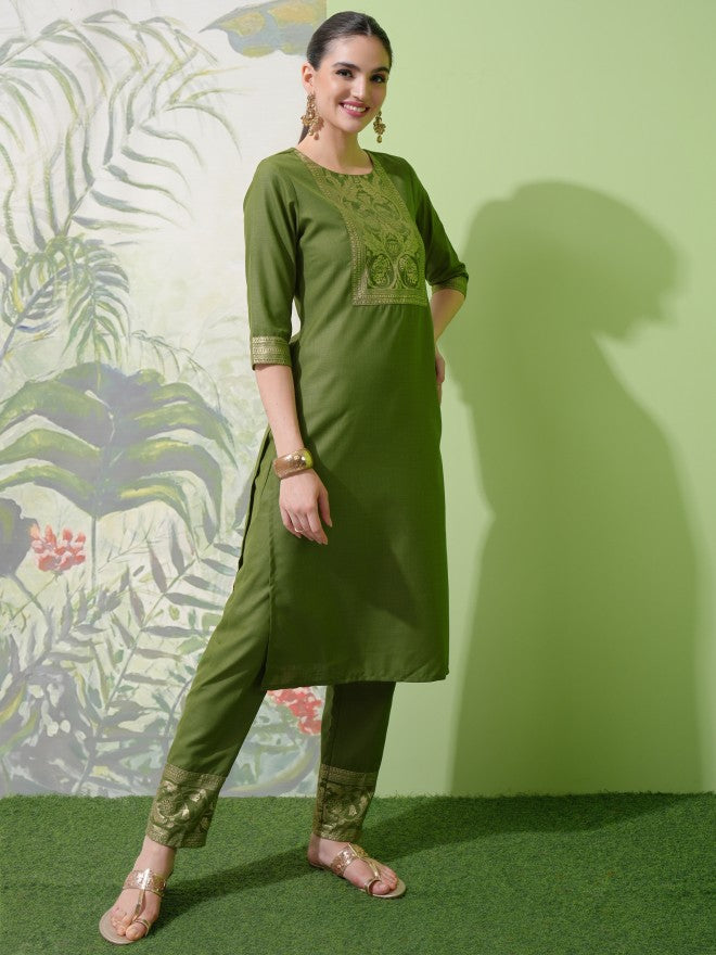 Vishudh Women Green Printed Kurta With Trouser And Dupatta - Green - Image 4