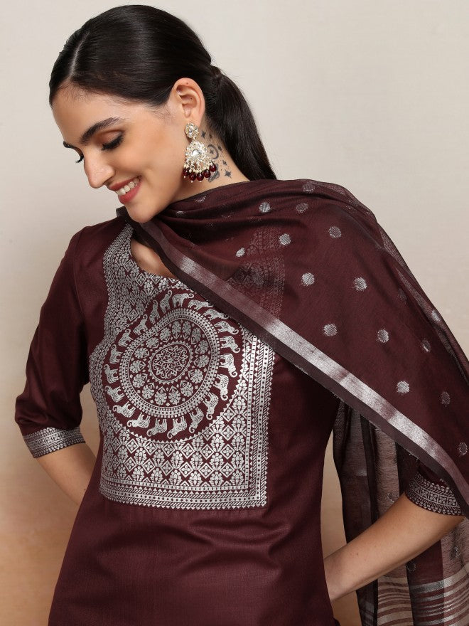 Vishudh Women Burgundy Embroidered Kurta With Palazzo And Dupatta - Burgundy - Image 2