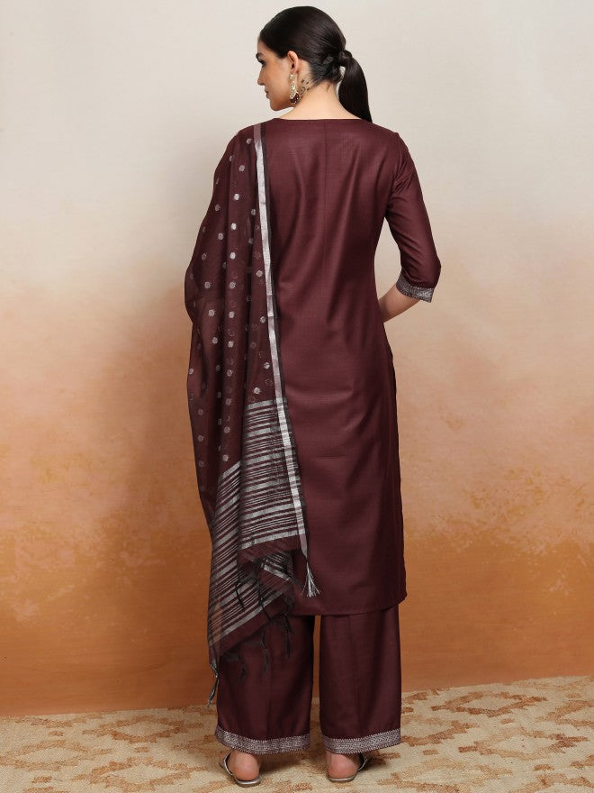 Vishudh Women Burgundy Embroidered Kurta With Palazzo And Dupatta - Burgundy - Image 3