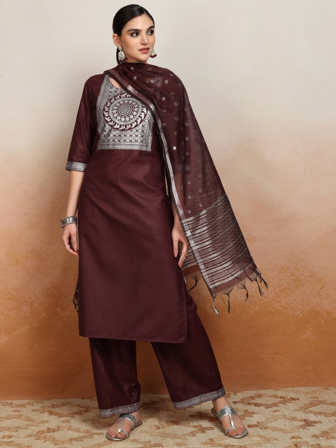 Vishudh Women Burgundy Embroidered Kurta With Palazzo And Dupatta - Burgundy - Image 4