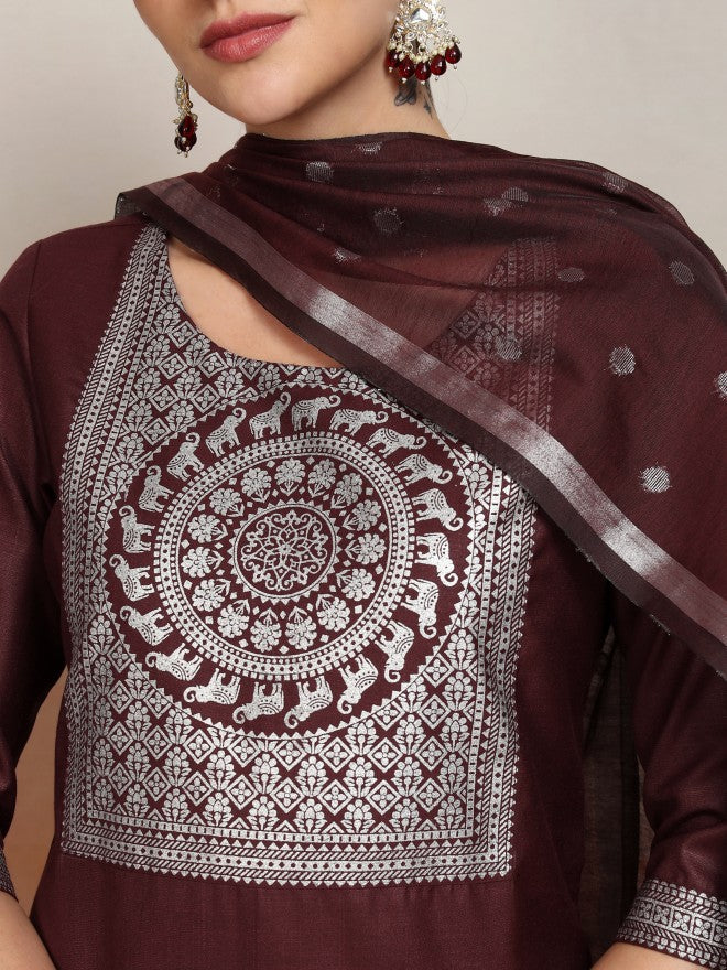 Vishudh Women Burgundy Embroidered Kurta With Palazzo And Dupatta - Burgundy - Image 5