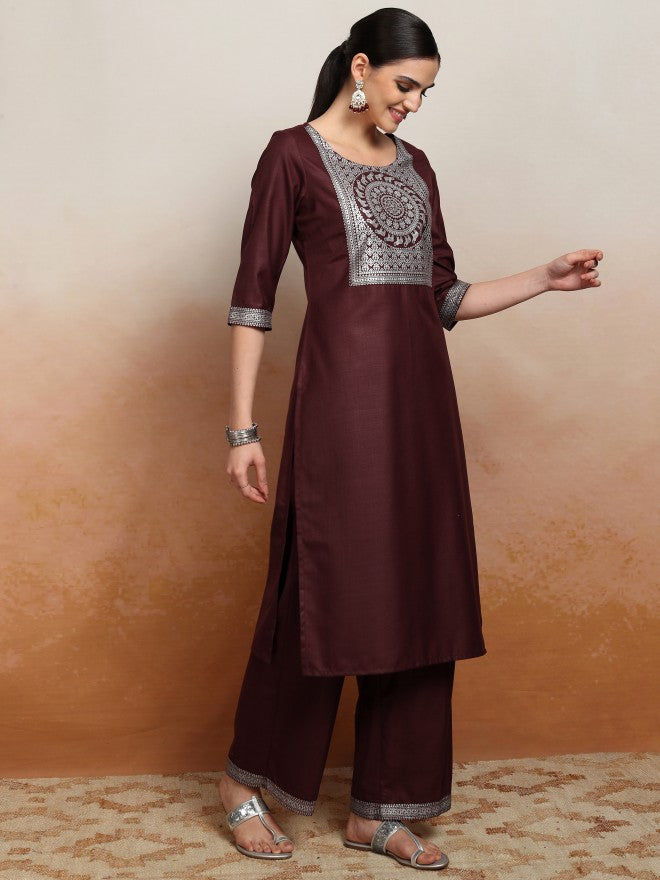Vishudh Women Burgundy Embroidered Kurta With Palazzo And Dupatta - Burgundy - Image 6