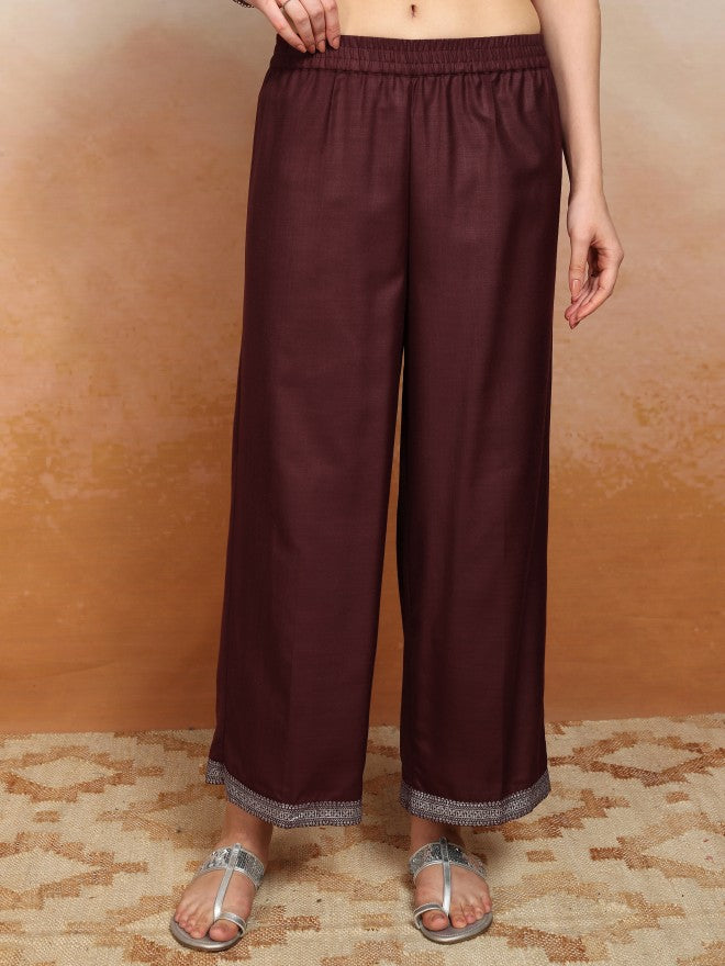 Vishudh Women Burgundy Embroidered Kurta With Palazzo And Dupatta - Burgundy - Image 8