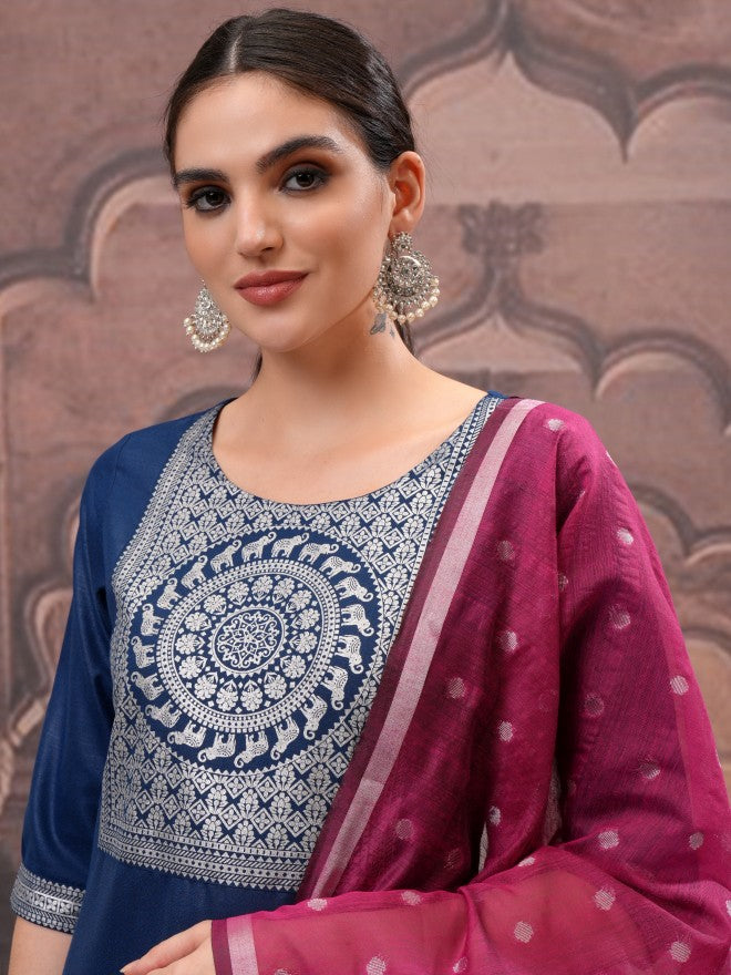 Vishudh Women Navy Blue Printed Kurta With Palazzo And Dupatta - Navy Blue - Image 2