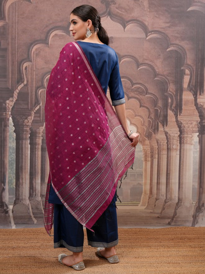 Vishudh Women Navy Blue Printed Kurta With Palazzo And Dupatta - Navy Blue - Image 3