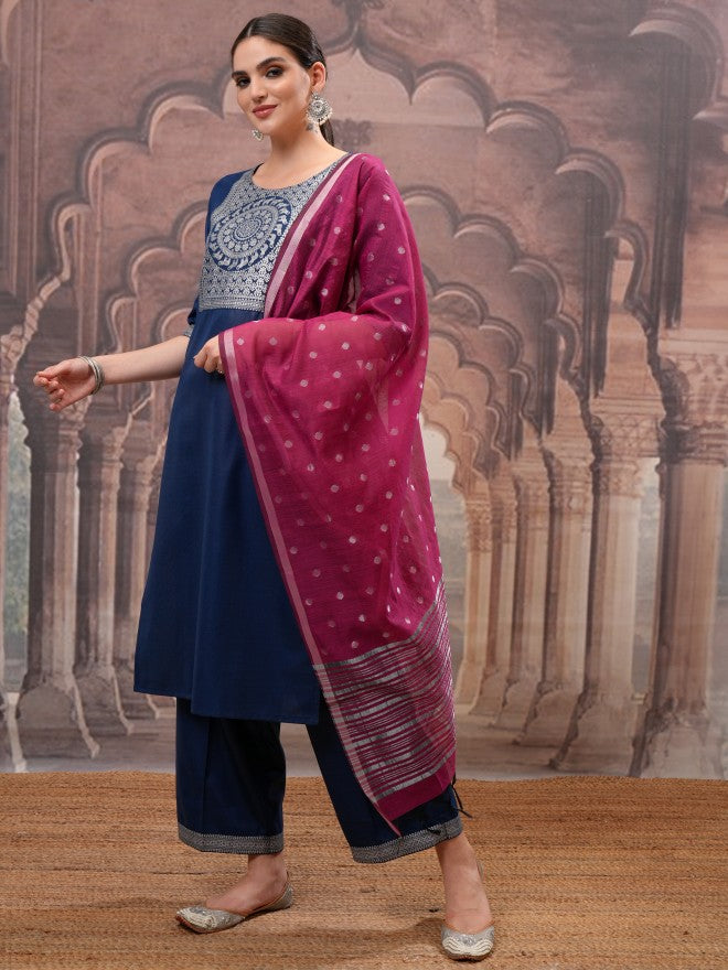Vishudh Women Navy Blue Printed Kurta With Palazzo And Dupatta - Navy Blue - Image 4
