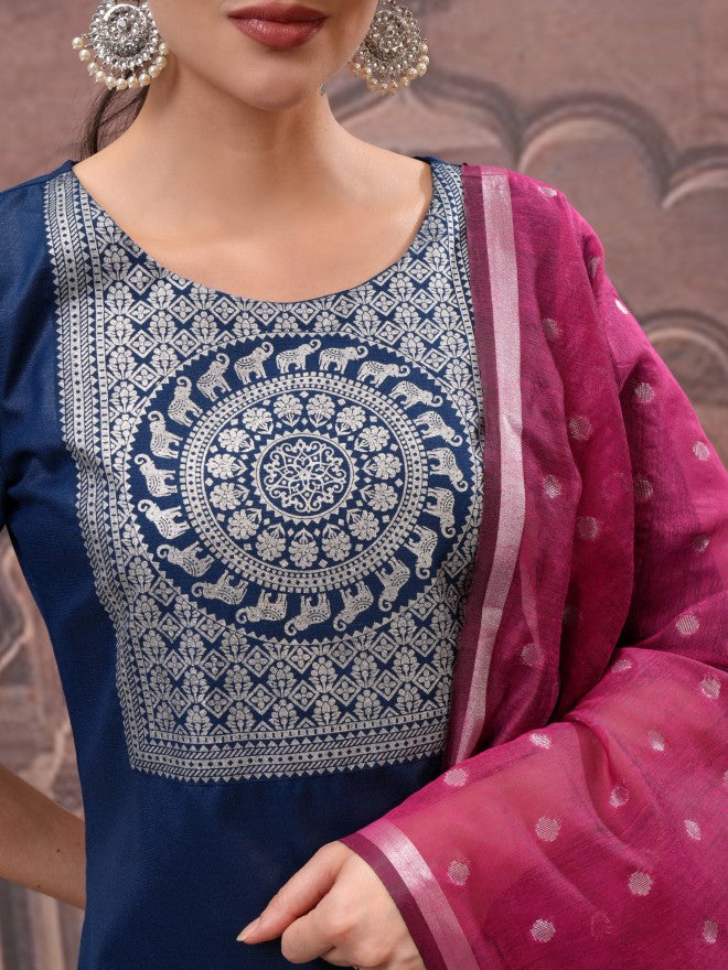Vishudh Women Navy Blue Printed Kurta With Palazzo And Dupatta - Navy Blue - Image 5