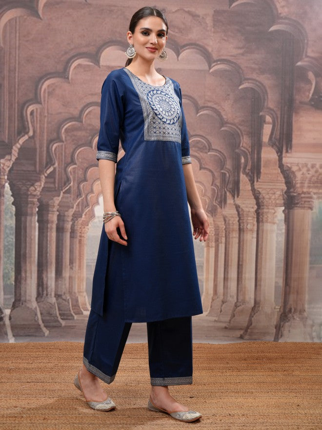 Vishudh Women Navy Blue Printed Kurta With Palazzo And Dupatta - Navy Blue - Image 6