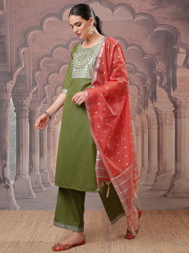 Vishudh Women Green Printed Kurta With Palazzo And Dupatta - Green - Image 2