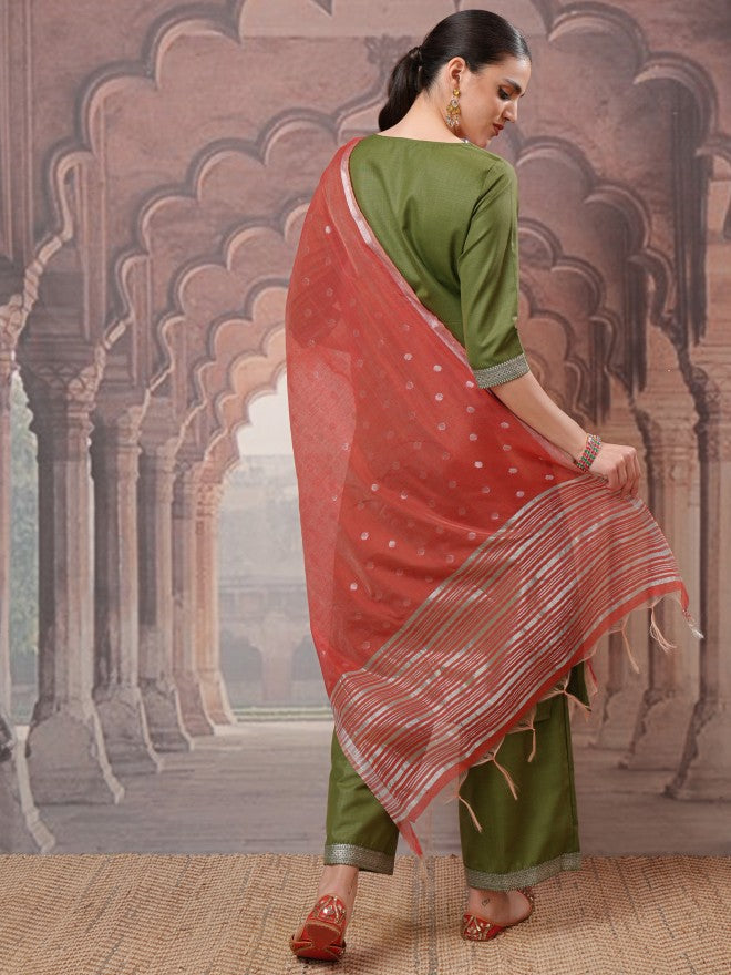 Vishudh Women Green Printed Kurta With Palazzo And Dupatta - Green - Image 3