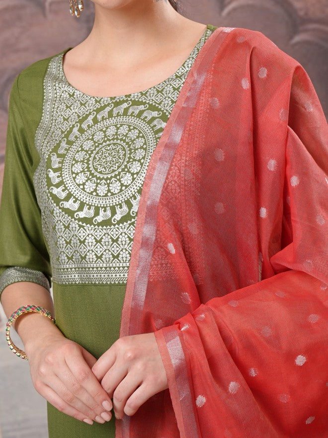 Vishudh Women Green Printed Kurta With Palazzo And Dupatta - Green - Image 5