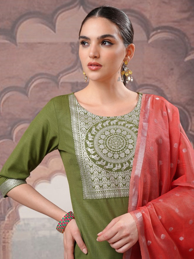 Vishudh Women Green Printed Kurta With Palazzo And Dupatta - Green - Image 8