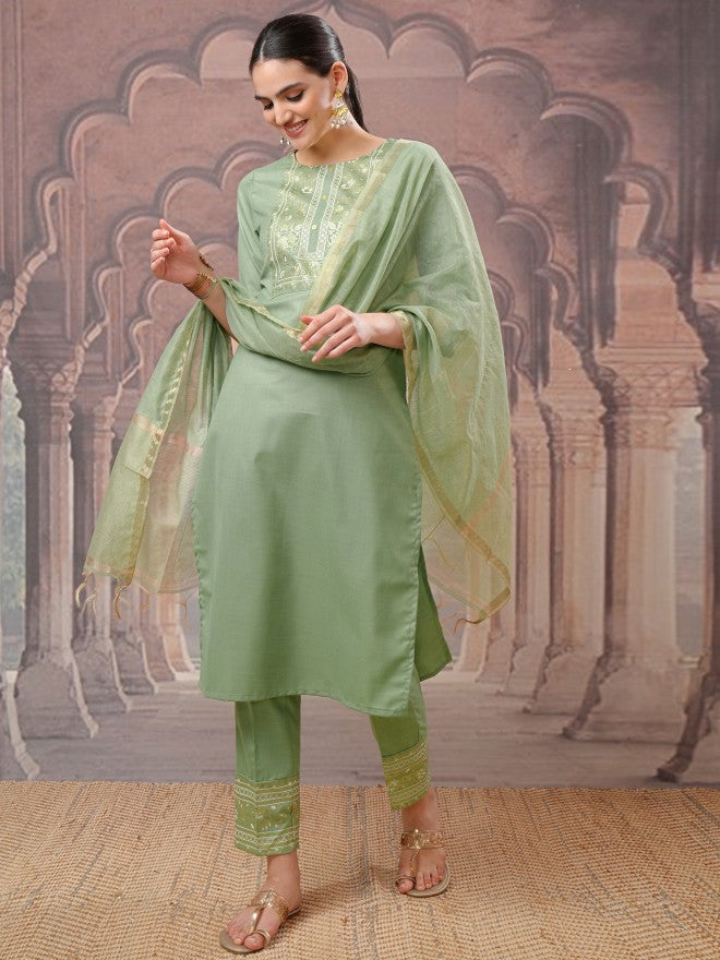Vishudh Women Green Ethnic Motifs Kurta With Trousers And Dupatta - Green - Image 1
