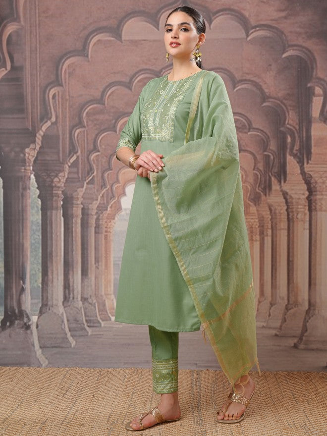 Vishudh Women Green Ethnic Motifs Kurta With Trousers And Dupatta - Green - Image 2