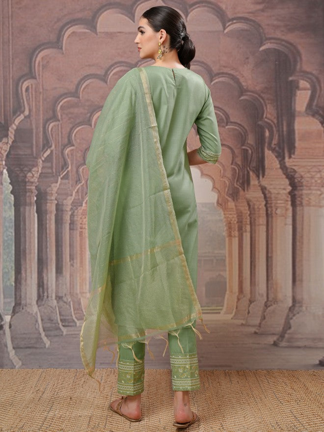 Vishudh Women Green Ethnic Motifs Kurta With Trousers And Dupatta - Green - Image 3